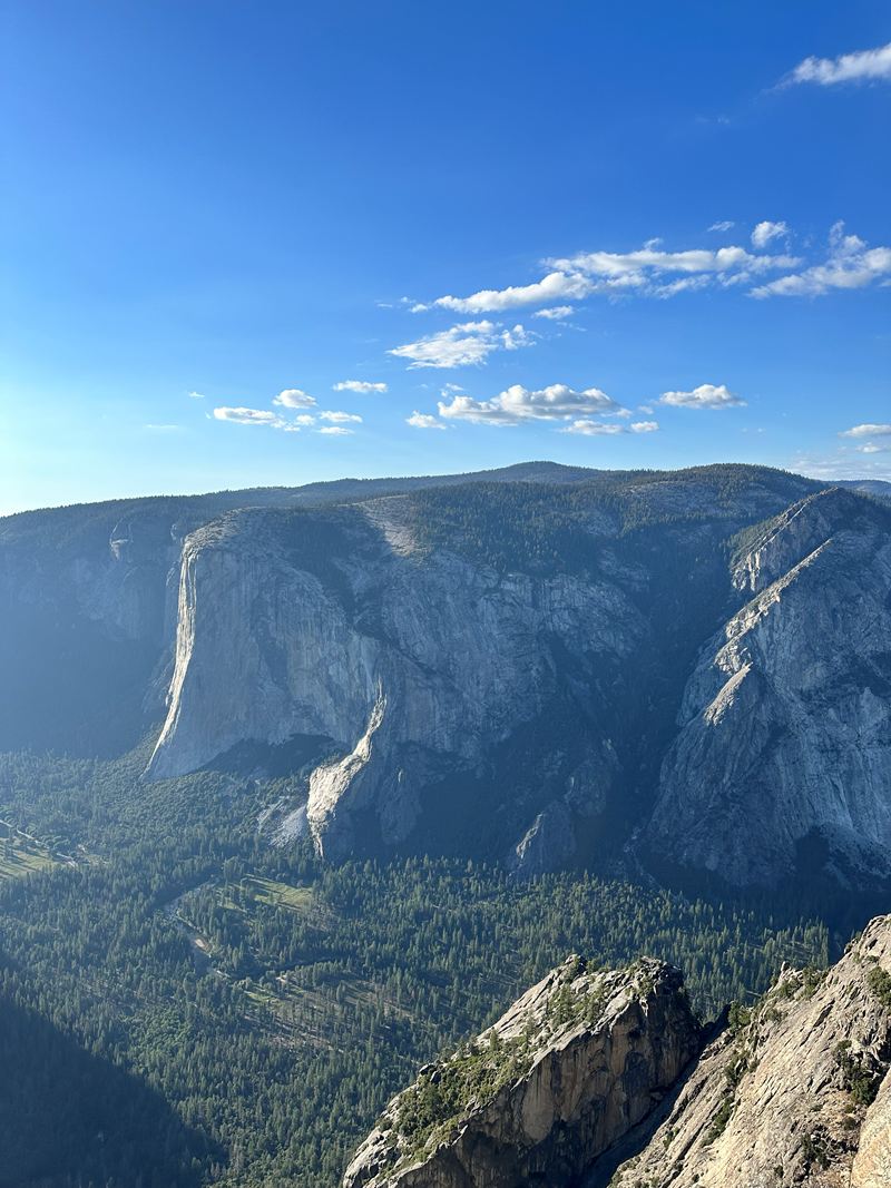 A forested valley below granite cliffs