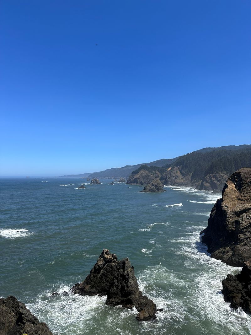 Rocky sea stacks and surf along a rugged coast