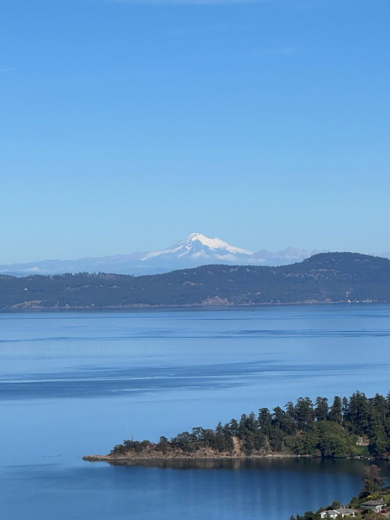 A snow-capped mountain across calm blue water